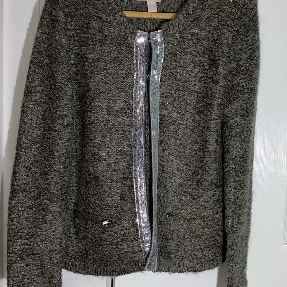 Banana Republic Cardigan Grey XL Merino Wool Blend Hook Closure Sequins GUC AA07 - Picture 1 of 7